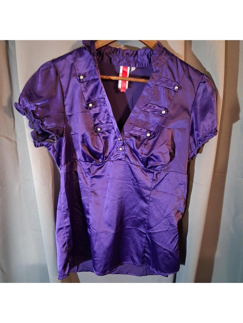Purple Satin Short Sleeve Blouse with Pearl Buttons